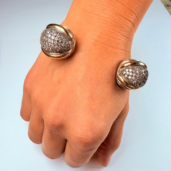 14K Gold Renaissance Cubic Zirconia Cable Cuff Sterling Silver 925 Bracelet - Picture 10 of 12